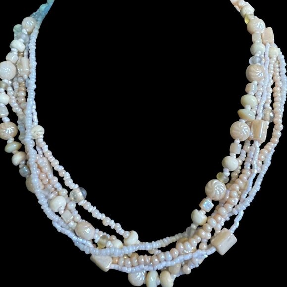 Multi Strand Carved Shell Bead Necklace Boho Beach Layered Cream Chunky Beads - Picture 4 of 7